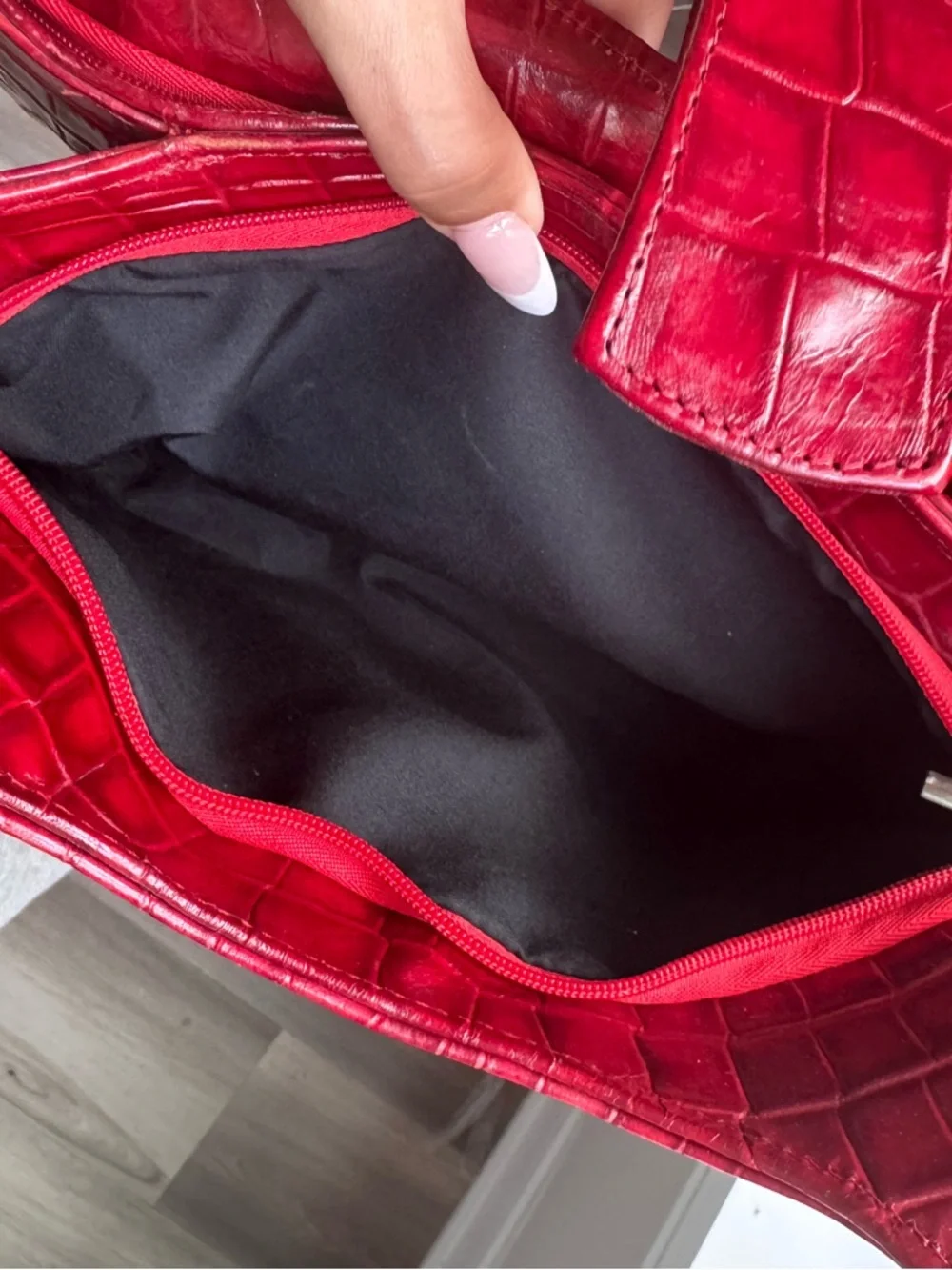 Red Croc-Embossed Shoulder Bag